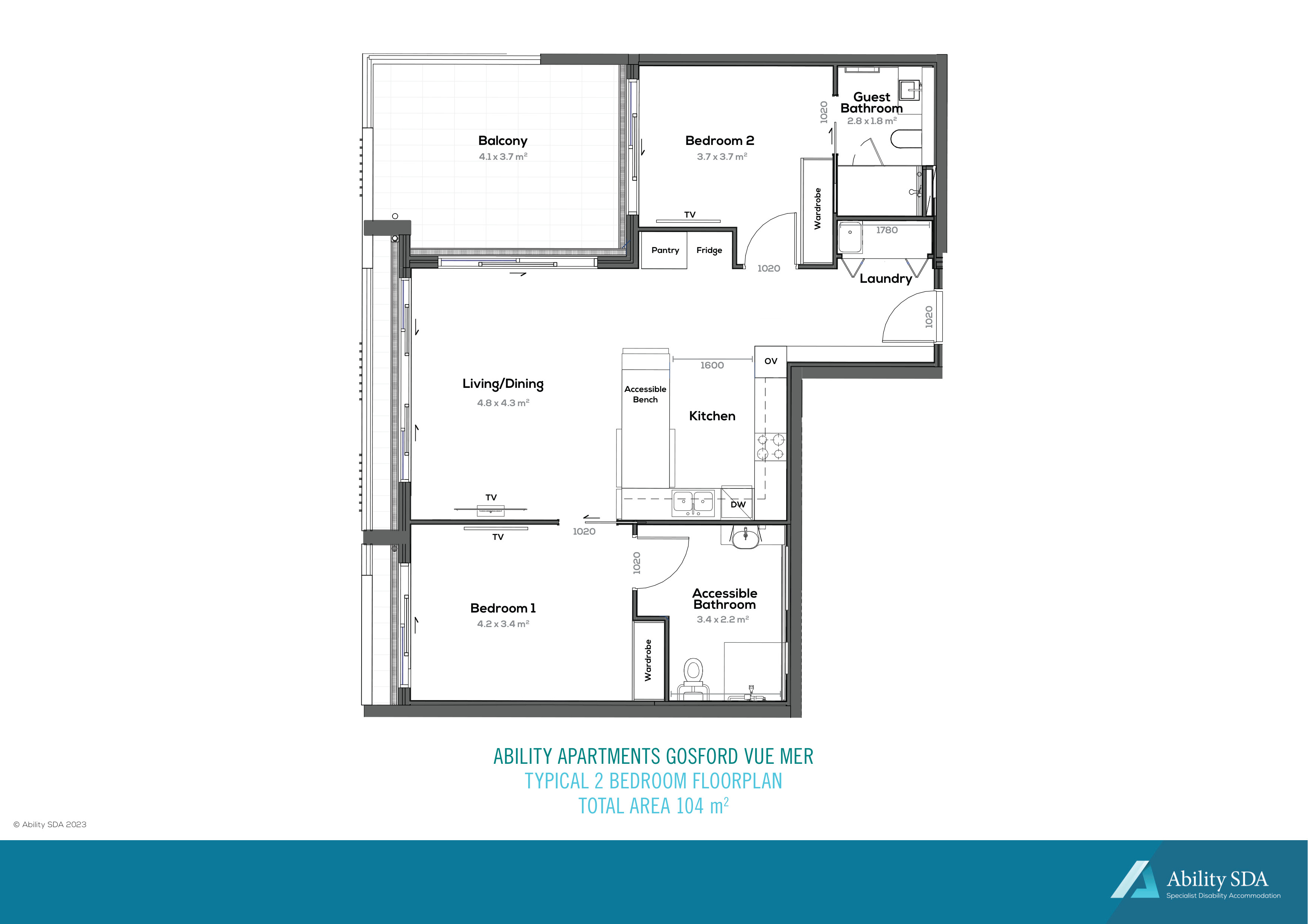 GOSFORD - 2 BEDROOM Apartment - For 1 Participant - Ability Apartments Gosford — Floorplan 1