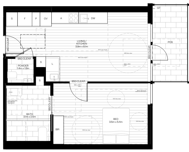 High Physical Support or Fully Accessible, 1 Bedroom SDA, 1 Participant — Floorplan 1