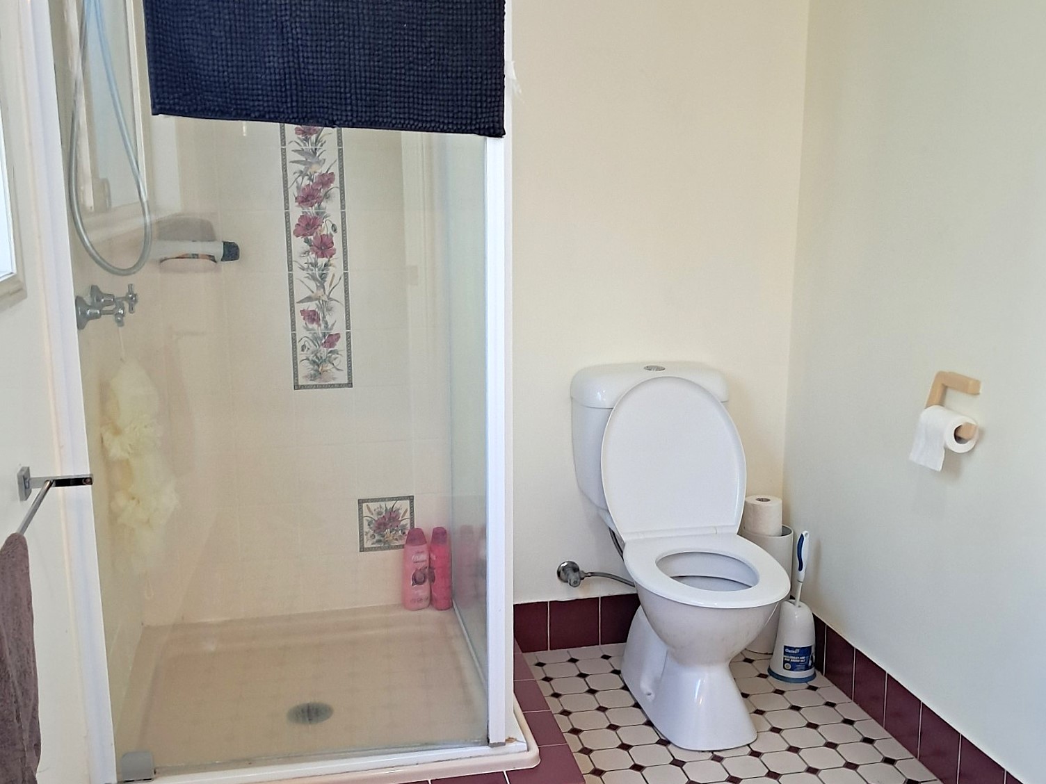 Bathroom in the Kanda Frenchville SIL Home featuring a glass shower, toilet, and burgundy and cream patterned floor tiles.