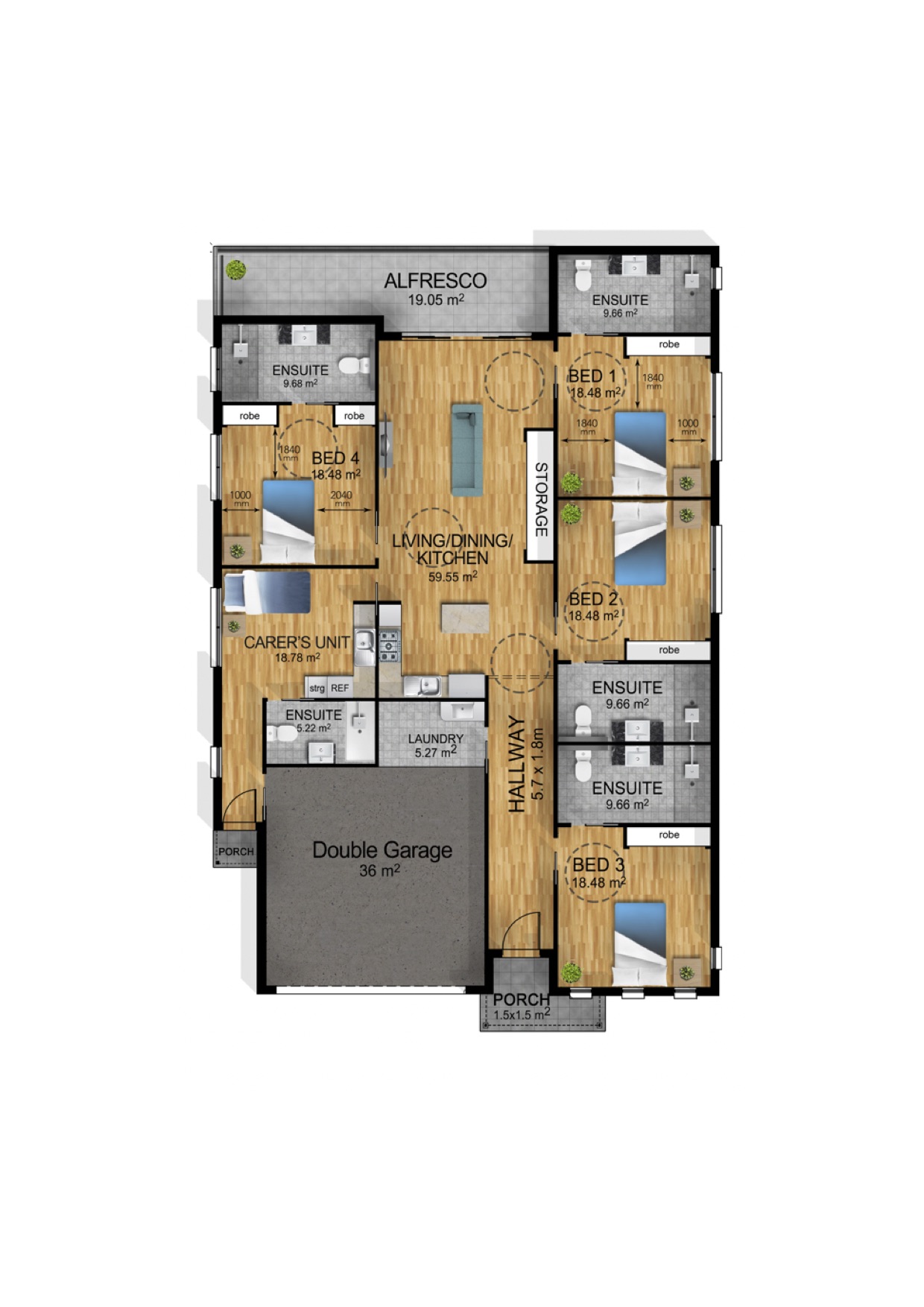 Loganholme 3 Bed, 4 Bath + OOA + additional breakout/living room — Floorplan 1
