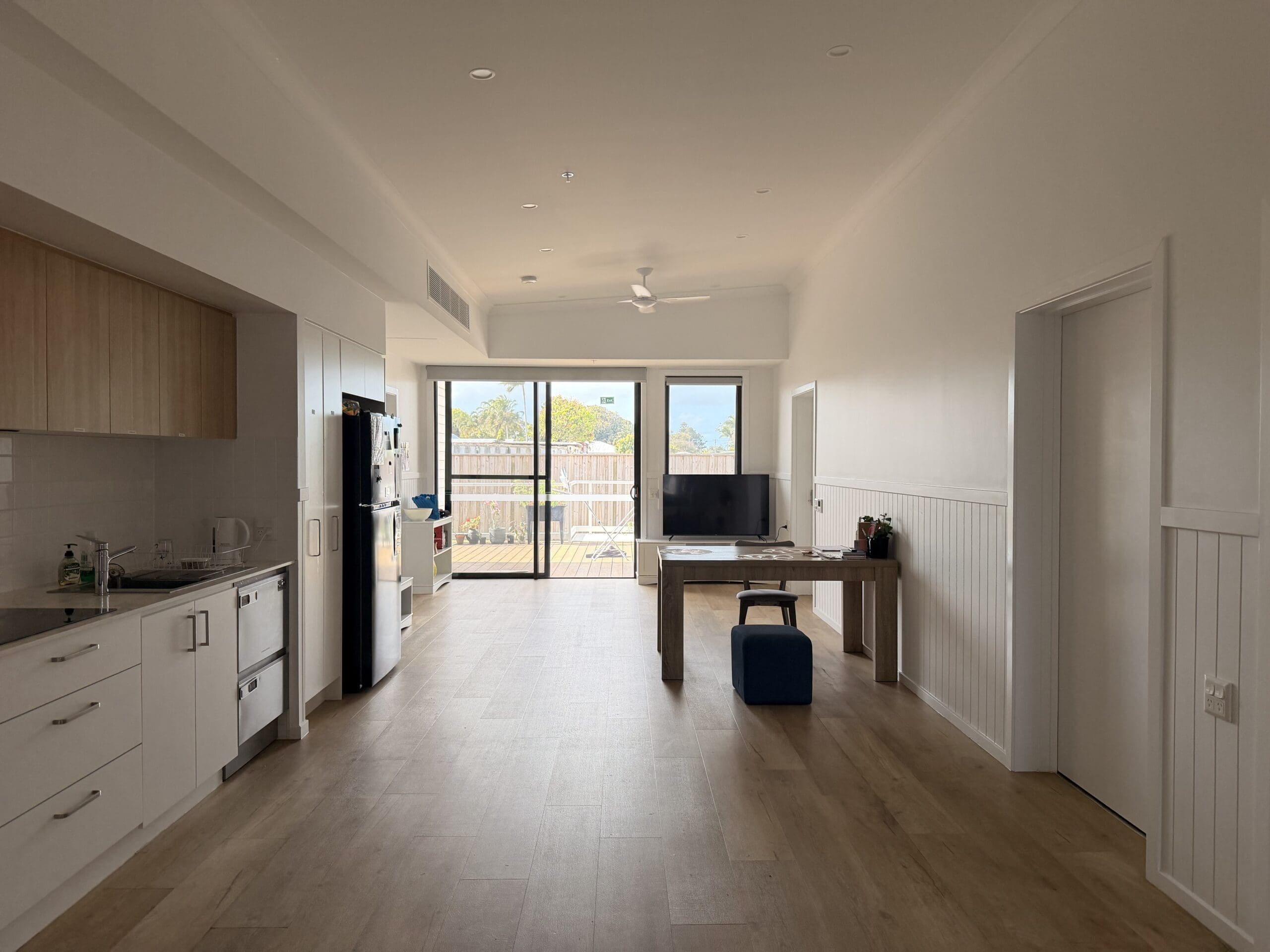 Kitchen, dining, living