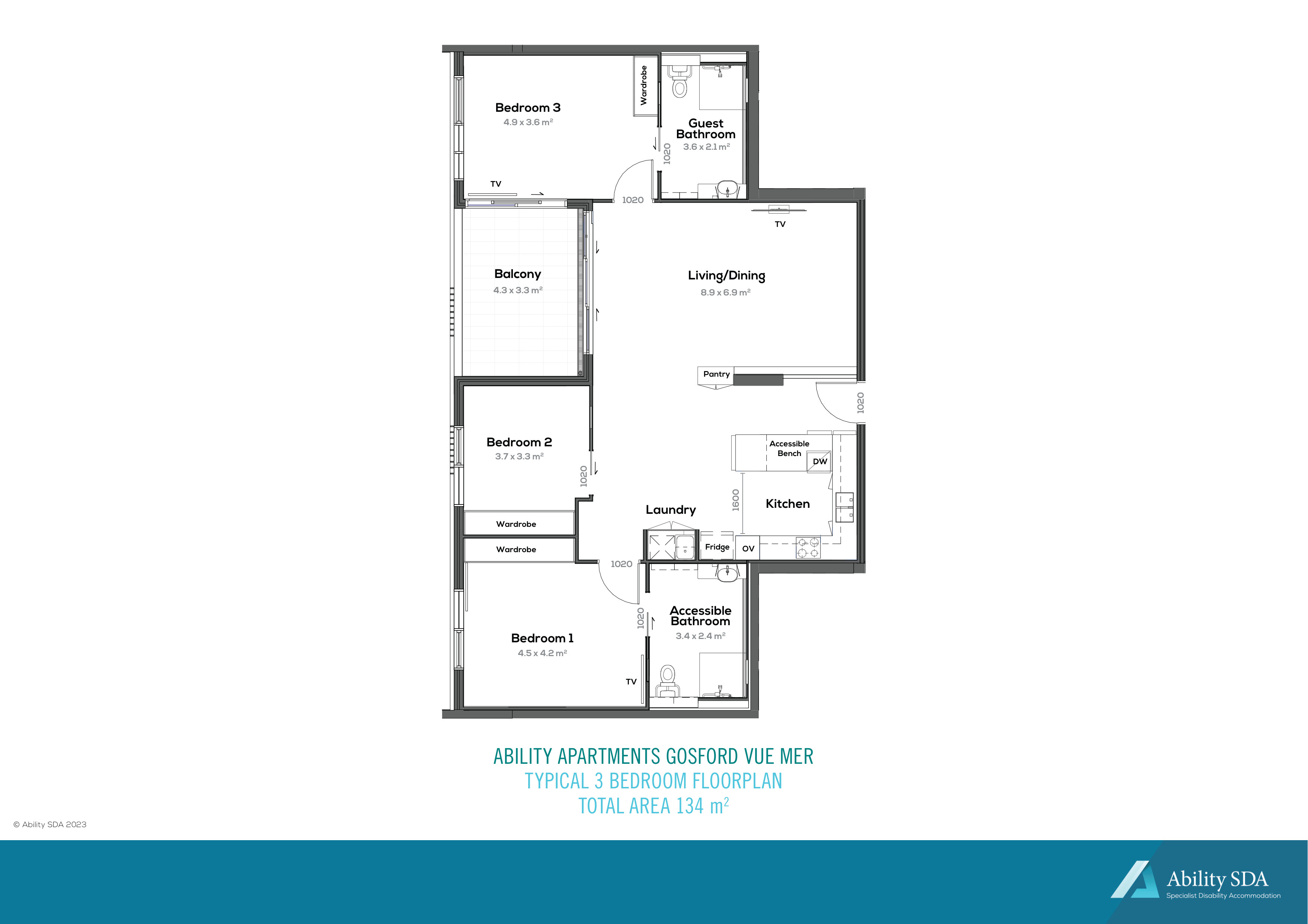 GOSFORD - 3 BEDROOM Apartment - For 1 Participant - Ability Apartments Gosford — Floorplan 1
